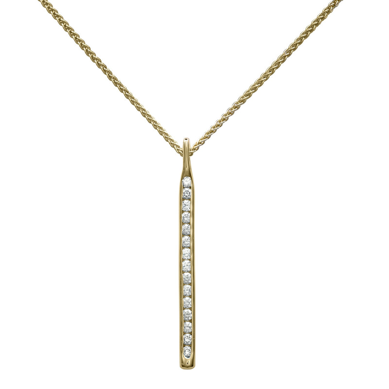 14 Karat Yellow Gold line pendant with channel set diamonds with a chain.