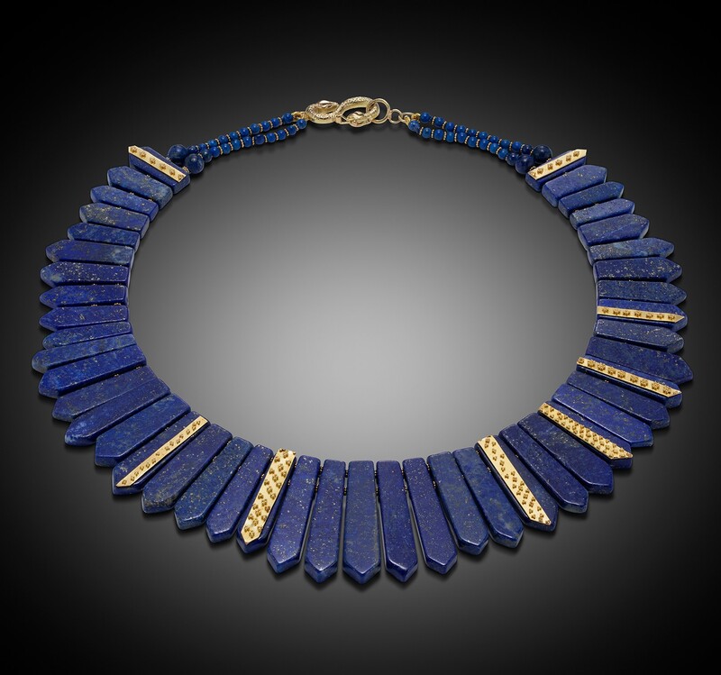 18 Karat Yellow Gold neck collar with elongated Lapis stones and gold stations.