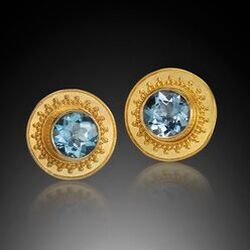 22 Karat Yellow Gold stud earrings with Aquamarine in the center and granulation.