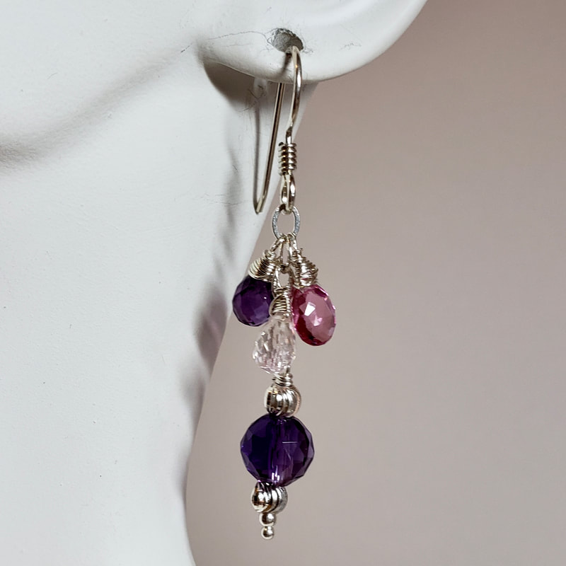 Sterling Silver dangle earrings with Amethyst and Pink Quartz gemstone beads.