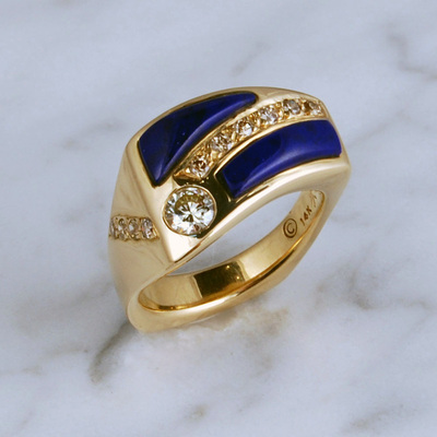 14 Karat Yellow Gold slanted tapering square ring with Lapis and Diamonds.