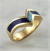 18 Karat Yellow Gold angled band with Lapis and Opal inlay.
