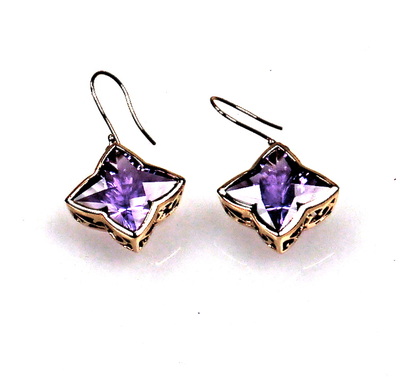 18 Karat Yellow Gold French Wire earrings with Amethyst dangles.