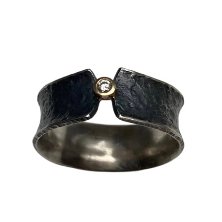 18 Karat Yellow Gold & Oxidized Sterling Silver Ring with one diamond.