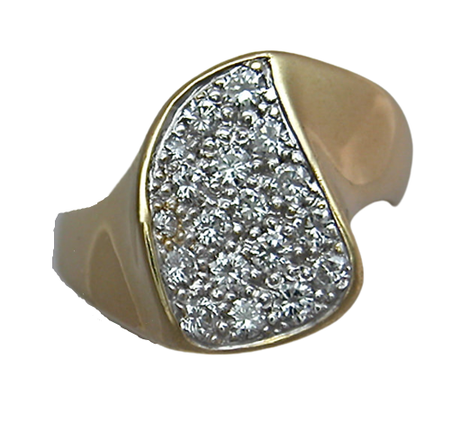 18 Karat Yellow Gold ring with pave set diamonds.