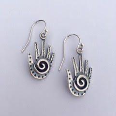 Sterling Silver hand shaped French Wire earrings with spiral shapes and oxidation.