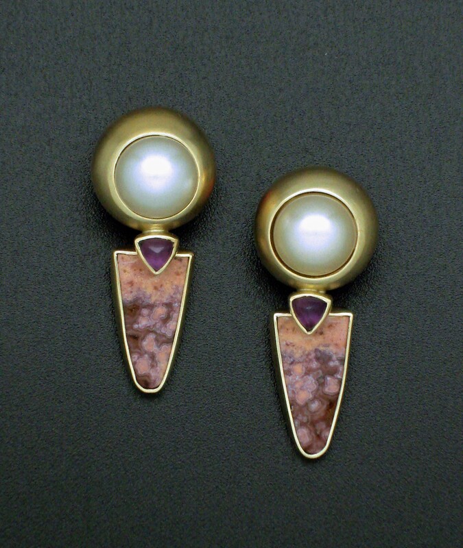 18 Karat Yellow gold omega back earrings with bezel set pearls, trillion amethyst and elongated agates.