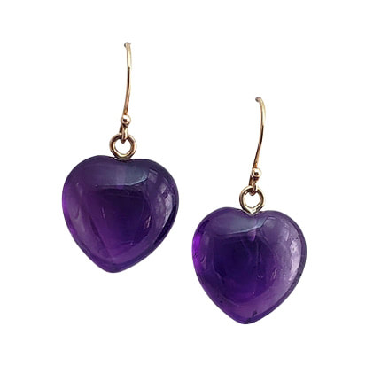 14 Karat Yellow Gold Heart Shaped Amethysts with French Wires.