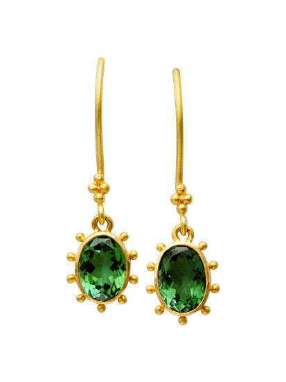 18 Karat Yellow Gold wire earrings with Green Tourmaline stones with radiating beads around them.