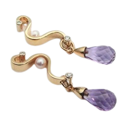 14 Karat Yellow Gold post earrings with Diamonds, Pearls and Briolette Amethysts at the bottom.