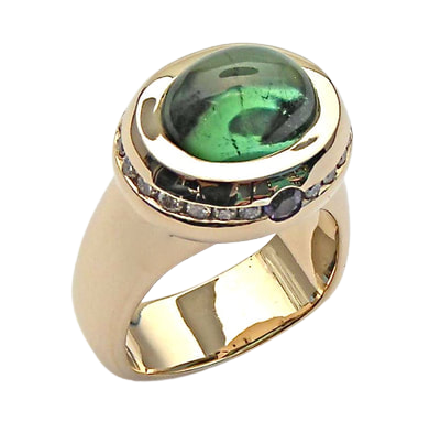 14 Karat Yellow Gold ring with an oval Green Tourmaline and diamonds around the profile of the gold around this stone.