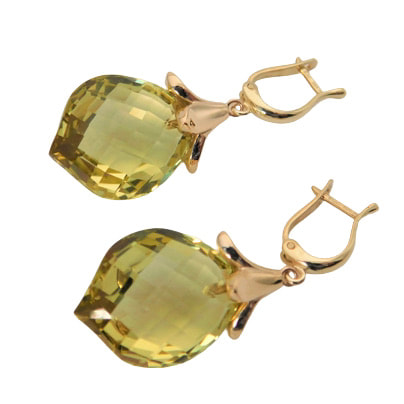 14 Karat Yellow Gold earrings with Lemon Quartz drops on a huggie style click-closure hoop.