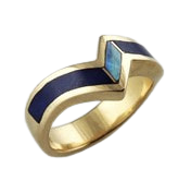 18 Karat Yellow Gold angled band with Lapis and Opal inlay.