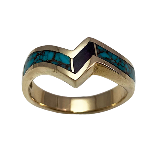 14 Karat Yellow Gold angled band with Sugilite and Turquoise inlay.