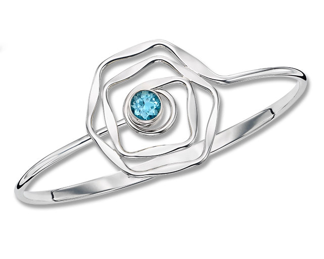 Sterling Silver Bracelet in the shape of a rose with a Blue Topaz in the center.