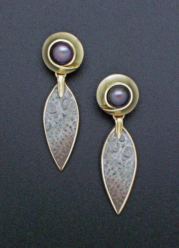 18 Karat Yellow Gold Omega back earrings with bezel set lavender pearls and Petrified Brazilian Fernwood.
