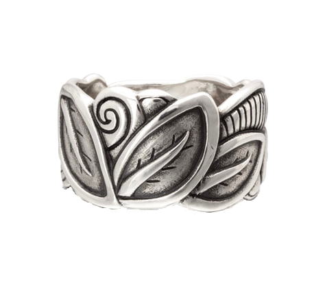 Platinum Sterling Silver wide band ring with carved leaves.