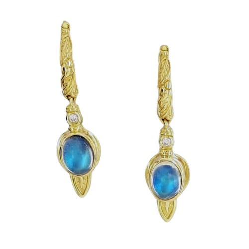 18 Karat Yellow Gold lever-back earrings with Natural Moonstone & Diamond. 