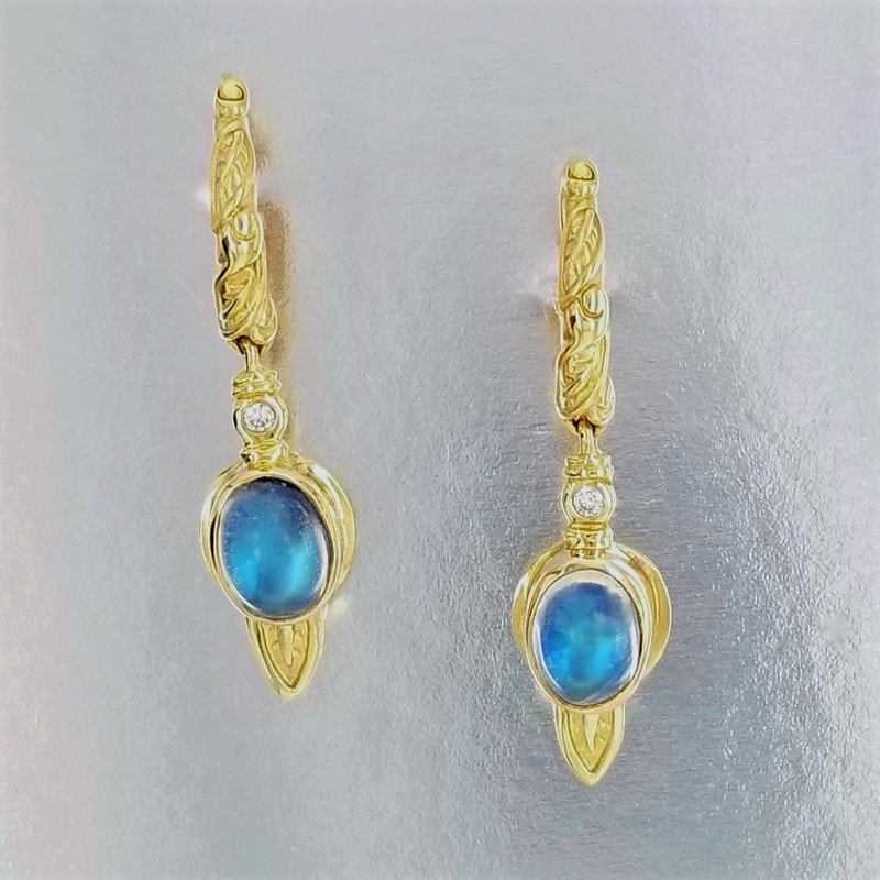  18 Karat Yellow Gold lever-back earrings with Natural Moonstone & Diamond. 