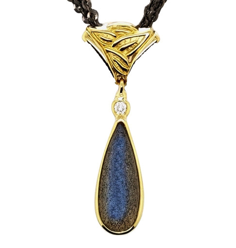 18KY carved leaves  Pendant with a pear shaped Moonstone and Diamond on a 3 Strand Blackened chain.