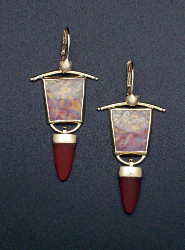 18 Karat Yellow Gold French Wire earrings  with elongated square shaped agates and carnelian.