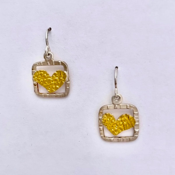 Sterling Silver framed earrings with a 22KY & Silver Bi-Metal hearts.