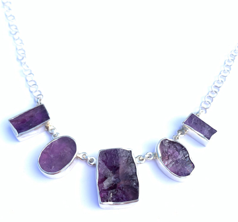 Sterling Silver  Natural Face Amethyst Link Necklace.