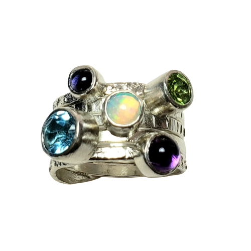 Silver multi gemstone and multi band ring with Iolite, Peridot, Amethyst, Opal & Treated Blue Topaz.