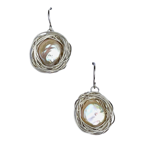 Sterling Silver French Wire "Nest" Earrings with coin pearls in the center and wire encircling them,