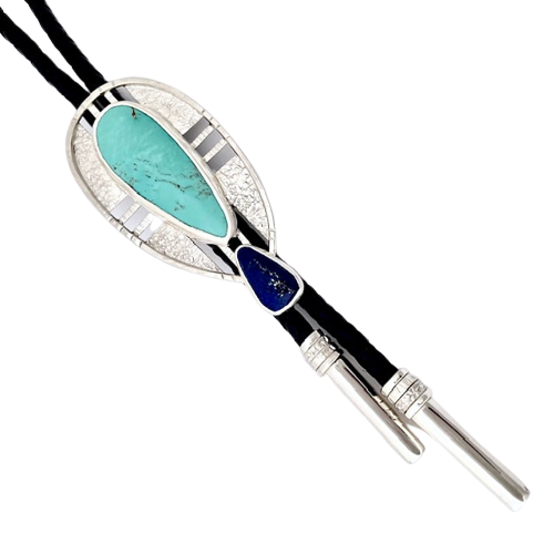 Silver Bolo Tie with Turquoise and Lapis.