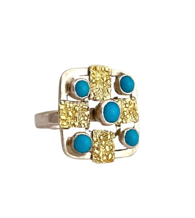 Silver and 22K Yellow Gold Bi-Metal ring with 5 small round Turquoise in a square configuration.