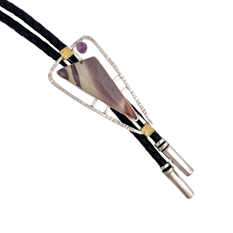 Silver Bolo with accents of 22K Yellow Gold with Agate and Amethyst.