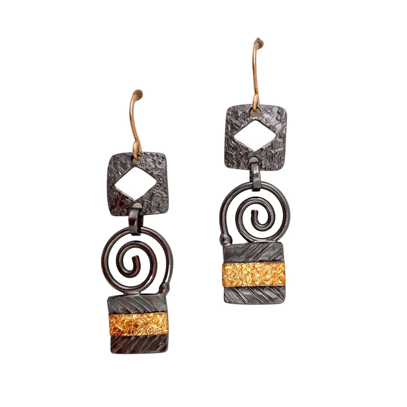 22 Karat Yellow Gold and blackened Sterling Silver earrings with multiple shapes and ear wires.