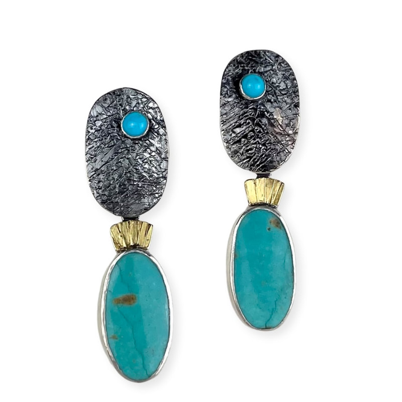 Oxidized Sterling Silver and 22KY Gold Bi-Metal earrings with Turquoise.
