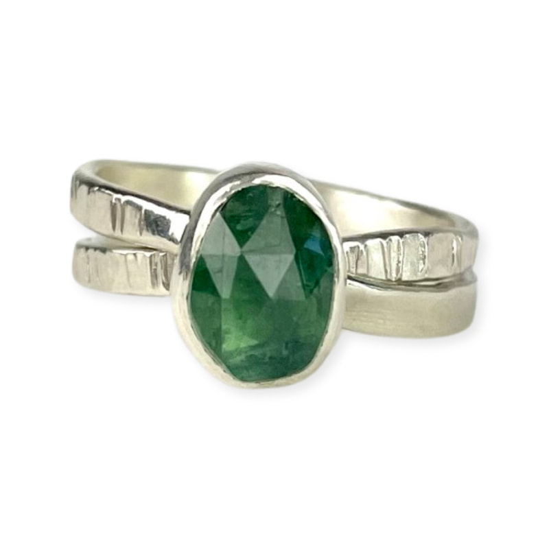 Sterling Silver double band Green Kyanite Ring.