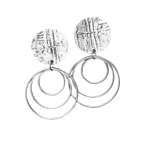 Sterling Silver Clip-on earring with a textured round shape station on the top with a 3 hoops on the bottom.