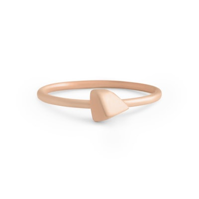 18 Karat Rose Gold brushed ring with a triangular pointed center piece and thin band.