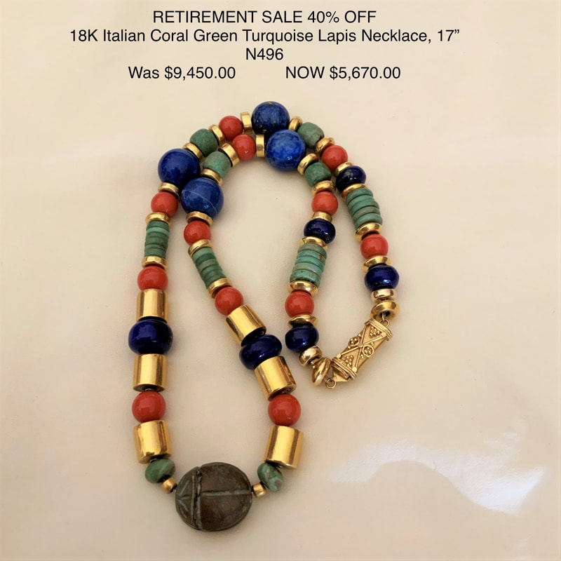 18 Karat Yellow Gold necklace with Turquoise, gold, Lapis and Coral.