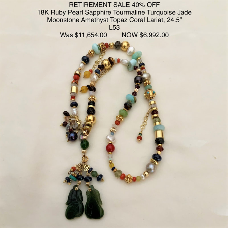 18 Karat Yellow Lariat necklace with different shaped Ruby, Pearl, Sapphire, Tourmaline, Turquoise, Jade, Moonstone, Amethyst, Topaz and Coral beads.
