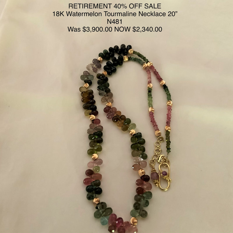 18 Karat Yellow gold necklace with multi-colored Tourmaline briolette beads and small rondel Tourmaline. beads.