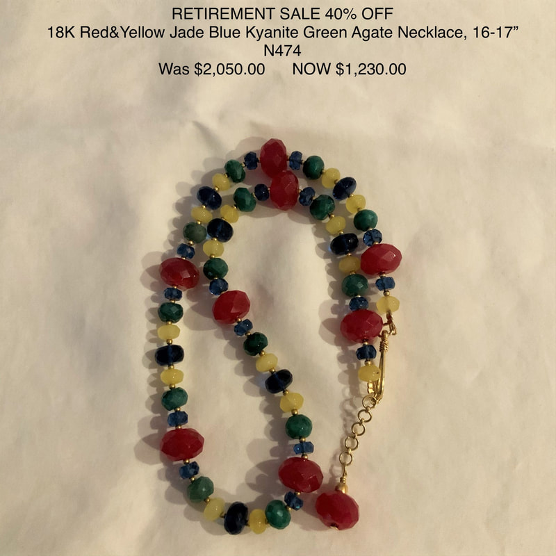 18 Karat Yellow Gold beaded necklace with Red and Yellow Jade, Kyanite, and Green Agate.