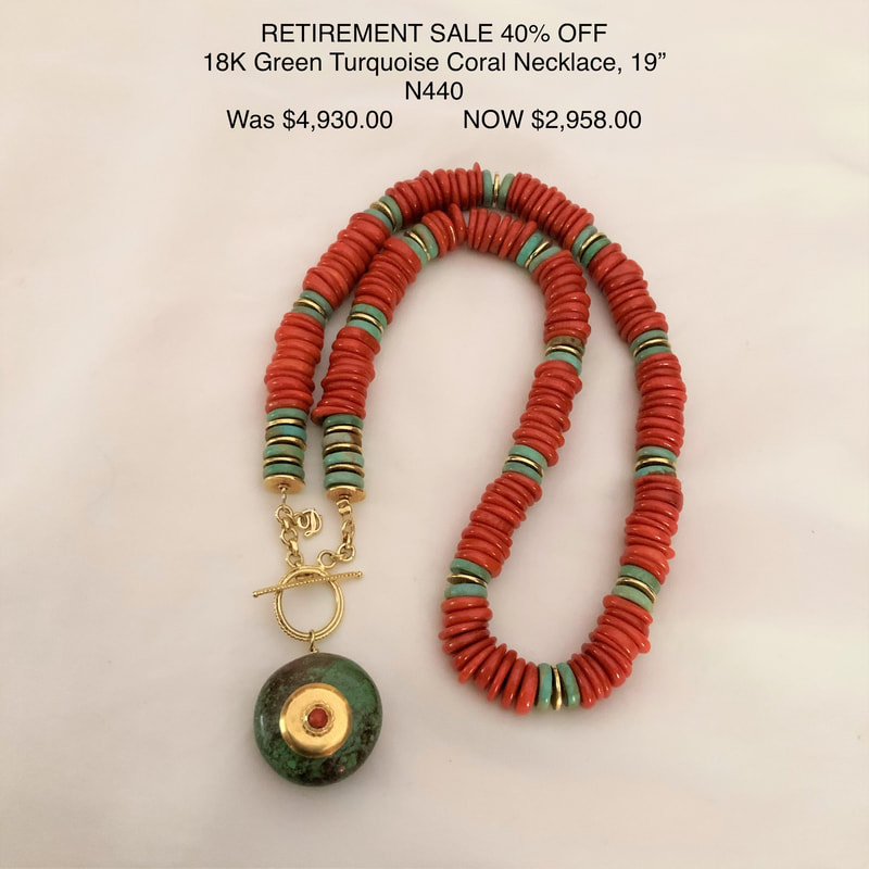 18 Karat Yellow Gold necklace with thin Green Turquoise and Red Coral beads with a large Turquoise donut with Coral in the center.