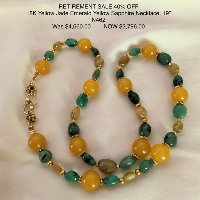 18 Karat Yellow Gold Necklace with smooth beads of Yellow Jade,  Yellow Sapphire and Emerald.