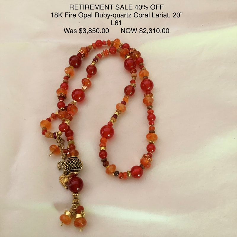 18 Karat Yellow Gold beaded Lariat Necklace with Fire Opal, Ruby Quartz, and Coral.