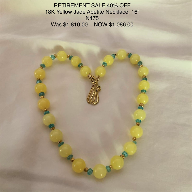18 Karat Yellow Gold beaded Necklace with round Yellow Jade alternating with Apatite beads.