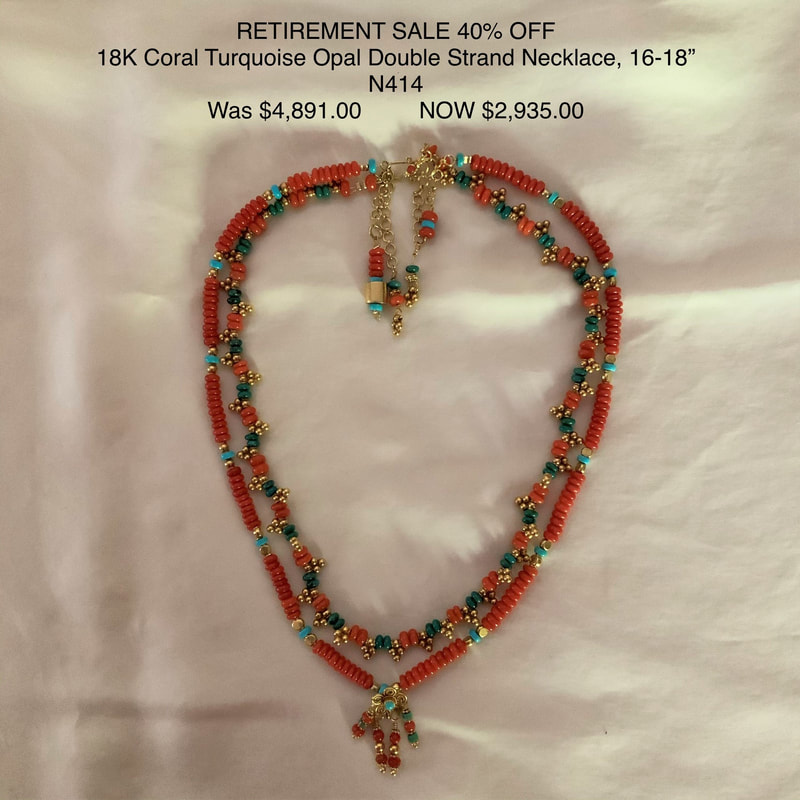 18 Karat Yellow Gold Coral, Turquoise & Opal Double Strand Necklace.