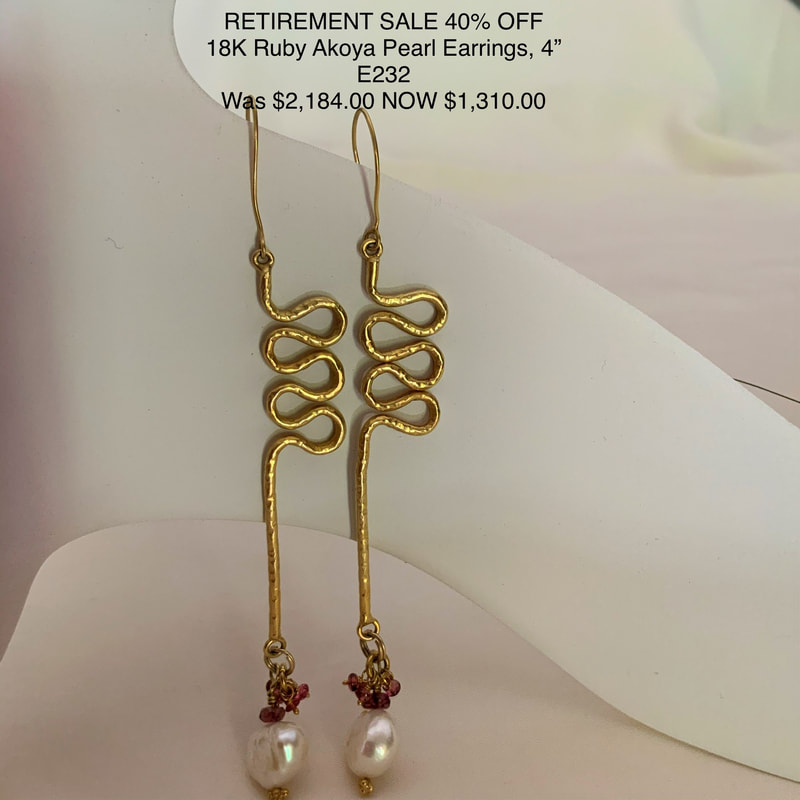 18 Karat Yellow Gold French Wire earrings with gold ribbon-like shapes and a dangle of Pearl and Ruby beads.