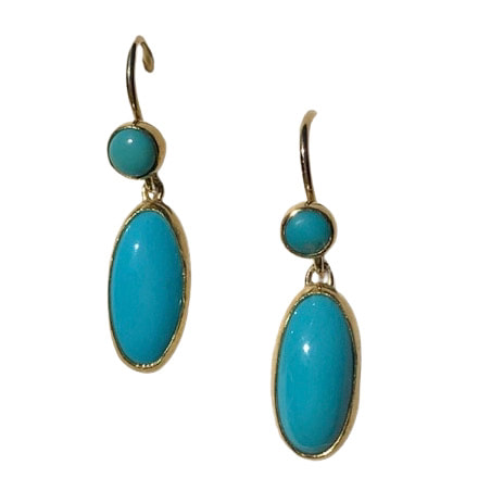 22KY and 18KY dangle earrings with round and oval Sleeping Beauty Turquoise.