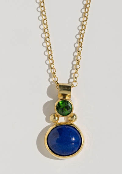 22 Karat and 18 Karat Yellow Gold pendant with a Green Chrome Diopside and lapis.
