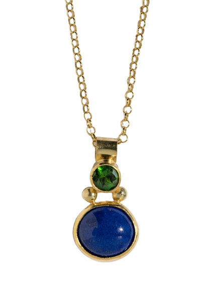 22 & 18 Karat Yellow Gold pendant with a bezel set Lapis Lazuli & Chrome Diopside.